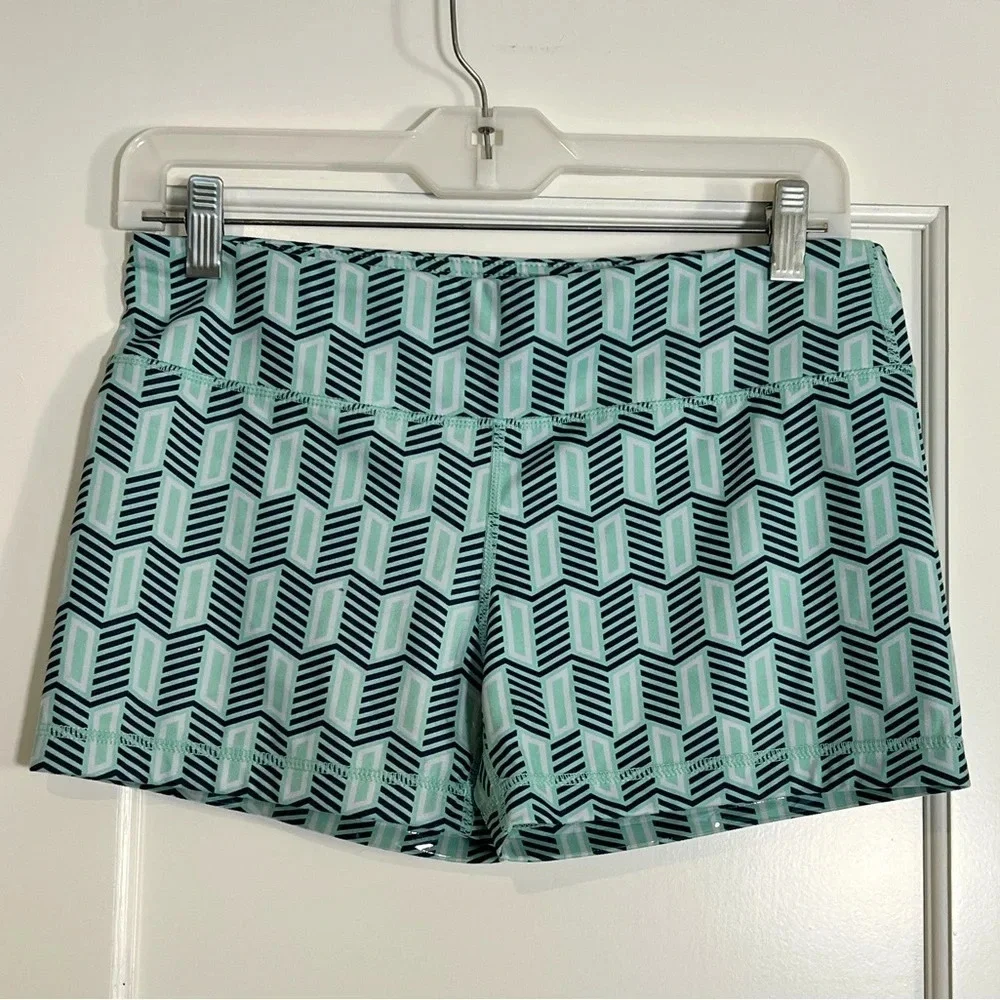IAMBecoming 3 inch no ride shorts. Blue/Green Geometric Print Size L